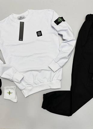 Мужской спортивный костюм stone island белый без капюшона | комплект стон айленд свитшот + штаны + носки xl
