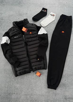 Чоловічий спортивний костюм ellesse чорний демісезонний без капюшона еліс жилетка + олімпійка + штани + шкарпетки (b)