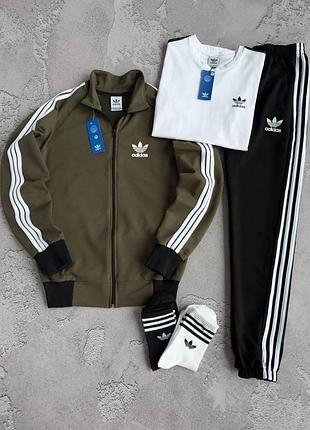 Мужской спортивный костюм adidas хаки весенний осенний набор адидас кофта + штаны + футболка + носки s (b)