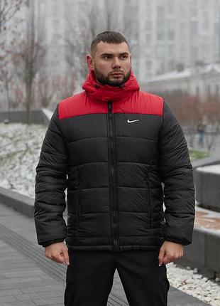 Мужская зимняя куртка nike черная с красным до -25*с теплая пуховик с капюшоном найк (b)