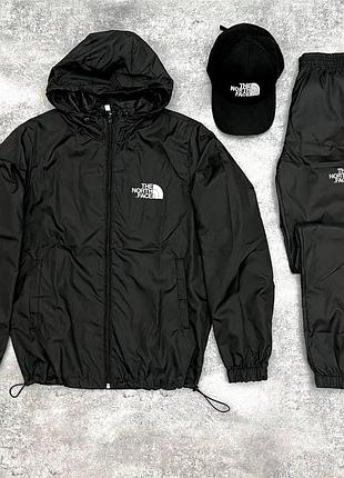 Чоловічий спортивний костюм the north face на плащівці чорний комплект зе норт фейс + кепка з капюшоном (bon)