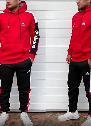 Мужской зимний спортивный костюм adidas красный комплект худи штаны на флисе m (b)