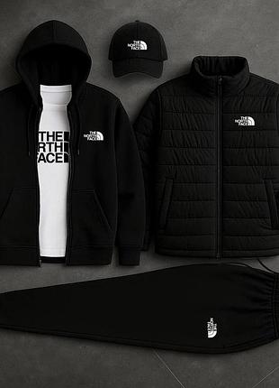 Чоловічий спортивний костюм the north face 5в1 чорний комплект зе норт фейс кофта штани куртка футболка кепка (b)