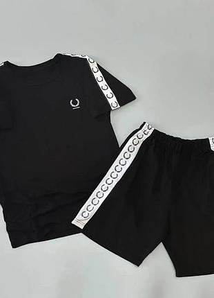 Мужской летний костюм fred perry футболка шорты черный комплект фред перри с лампасами (b)