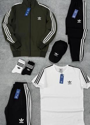 Мужской костюм adidas 5в1 кофта на змейке + штаны + шорты + футболка + кепка + носки хаки адидас весенний s