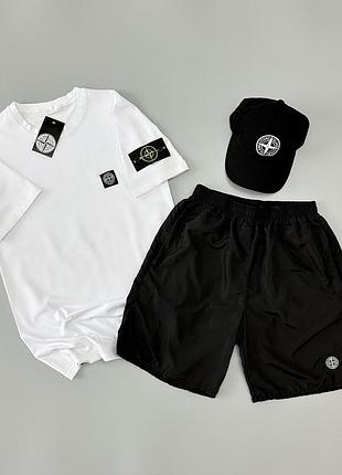 Чоловічий літній костюм stone island футболка + шорти + кепка білий із патчем стон айленд на літо (b)