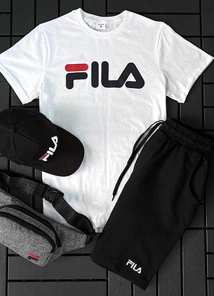 Чоловічий літній костюм fila футболка + шорти + кепка + барсетка чорно-білий комплект філа l (bon)