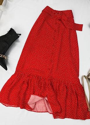 Червона спідниця в горошок міді zara/спідниця в білий горошок з паском/спідниця на ґудзиках