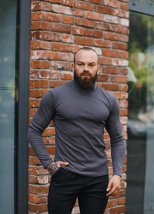 Чоловічий зимовий вовняний гольф темно-сірий светр у рубчик із горлом теплий класичний l (b)