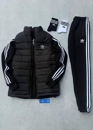 Мужской зимний спортивный костюм adidas 3в1 костюм жилетка черный набор адидас без капюшона утепленный (b)