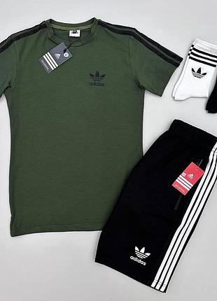 Мужской летний костюм adidas футболка + шорты + носки с лампасами хаки с черным адидас (bon) l