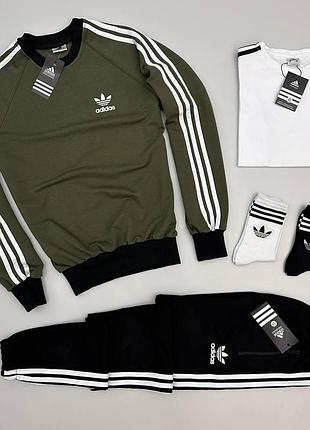 Мужской костюм adidas 3в1 свитшот + штаны + футболка + носки хаки с черным без капюшона адидас весенний l (b)