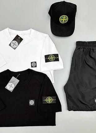 Чоловічий літній костюм stone island футболка + футболка + шорти + кепка чорний із патчем стон айленд на літо (b)