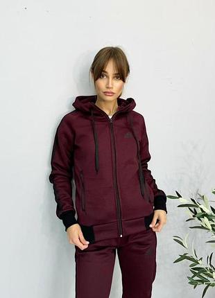 Женский зимний спортивный костюм adidas бордовый с капюшоном на молнии комплект адидас на флисе xxl (b)