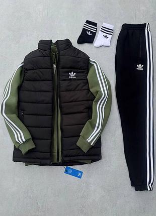 Мужской зимний спортивный костюм adidas 3в1 костюм жилетка хаки набор адидас без капюшона утепленный l (b)