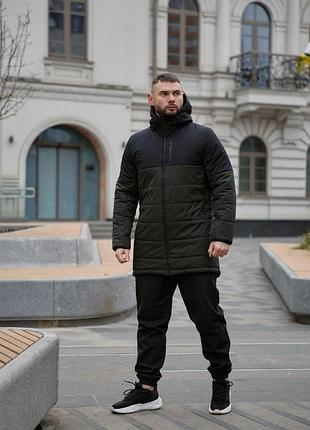 Чоловіча парка демісезонна чорна з хакі куртка подовжена осінна весняна з капюшоном (b)