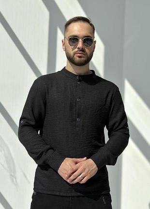 Мужская рубашка хлопковая черная воротник стойка с длинным рукавом xl (b)