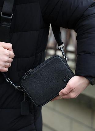 Мужская кожаная сумка coach charter crossbody чёрная 19 х 13 х 6 см