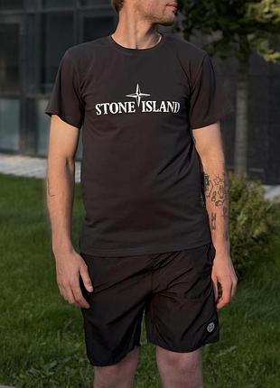 Чоловічий літній костюм stone island футболка + шорти чорний стон айленд на літо (b)