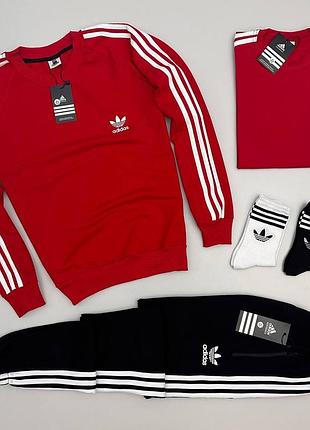 Мужской спортивный костюм adidas + футболка без капюшона с лампасами адидас красный с черным xl (bon)