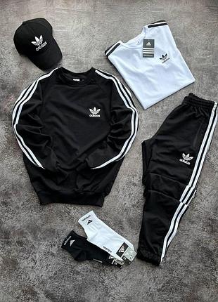 Мужской костюм adidas 4в1 свитшот + штаны + футболка + кепка + носки черный с белым адидас весенний xl (b)