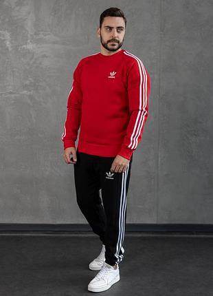 Чоловічий зимовий спортивний костюм adidas червоний із лампасами без капюшона комплект адідас на флісі 3xl (bon)