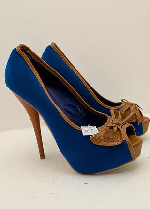 Эффектные синие замшевые туфли vivi591 на высоком каблуке с открытым носком (peep toe), размер 39