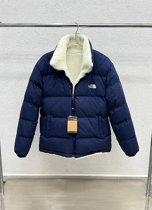 Чоловічий зимовий двосторонній пуховик the north face синій куртка з овчинкою зе норт фейс (b)