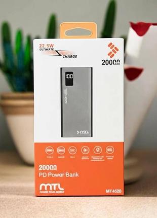 Акб powerbank mtl mt-4520 2usb/22,5w/pd/led дисплей (20000mah) чорний