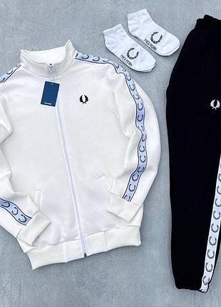 Мужской зимний костюм fred perry кофта штаны с лампасами молочный комплект фред перри на флисе без капюшона xl (b)