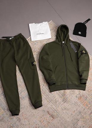Мужской зимний спортивный костюм stone island с капюшоном хаки комплект стон айленд толстовка штаны футболка шапка l (b)