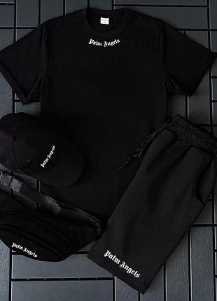 Чоловічий літній костюм palm angels футболка + шорти + кепка + барсетка чорний комплект палм ангелс l (bon)