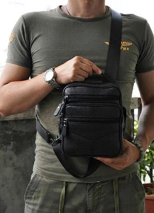 Шкіряна чоловіча  сумка барсетка  bag чорна, міська сумка через плече з натуральної шкіри (крос-боді) для документів 26х20 см