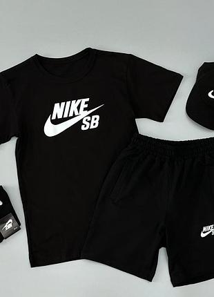 Чоловічий літній костюм nike sb футболка + шорти + кепка + носки чорний комплект найк xxl (b)