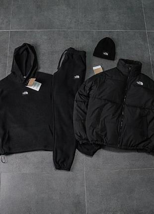 Мужской зимний спортивный костюм the north face плюшевый черный набор зе норд фейс костюм куртка шапка (b)