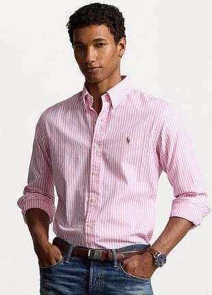 Фирменная мужская рубашка polo ralph lauren в розово-белую полоску 🌸