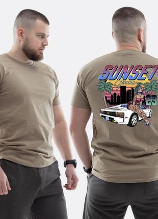 Мужская классическая футболка с принтом sunset goons девушка авто пальмы, бежевый xl