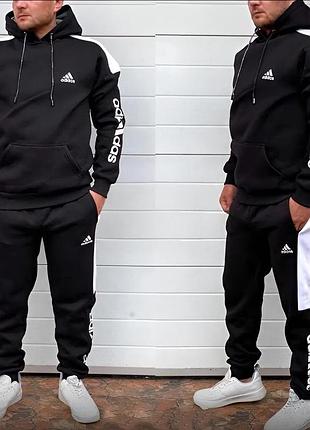 Мужской зимний спортивный костюм adidas черный комплект худи штаны на флисе xl (b)