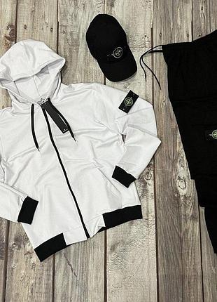 Чоловічий спортивний костюм stone island толстовка + штани + кепка чорно-білий з капюшоном стон айленд l (b)