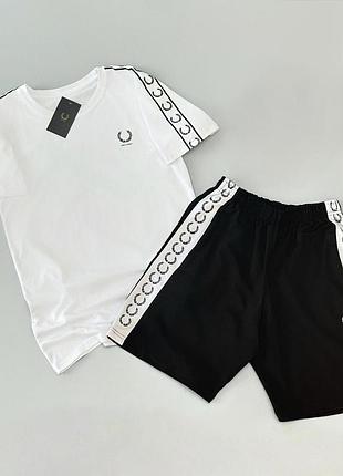 Мужской летний костюм fred perry футболка шорты белый с черным комплект фред перри с лампасами m (b)