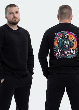 Чоловічий світшот на флісі з принтом scumzilla скелет у балахоні кольоровий арт, чорний