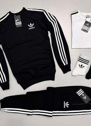 Мужской костюм adidas 3в1 свитшот + штаны + футболка + носки в подарок черный адидас весенний осенний xl (b)