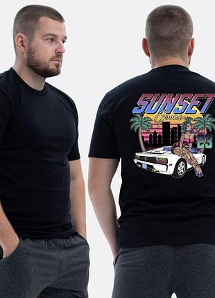 Мужская классическая футболка с принтом sunset goons девушка авто пальмы, черный s