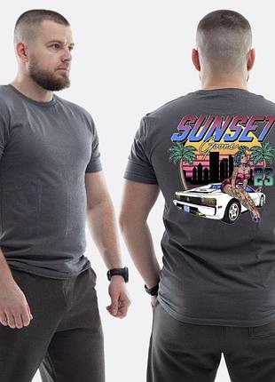 Мужская классическая футболка с принтом sunset goons девушка авто пальмы, графитовый m