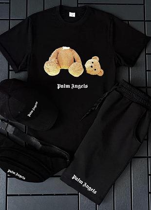 Мужской летний костюм palm angels с медведем футболка + шорты + кепка + барсетка черный палм ангелс xl (bon)