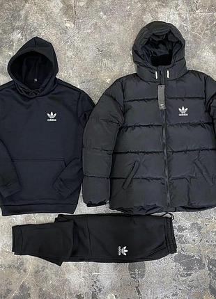 Мужской зимний спортивный костюм adidas + куртка адидас черный теплый на флисе xl (bon)