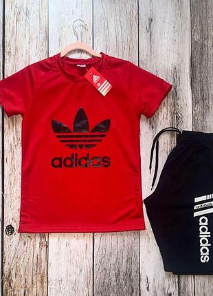 Чоловічий літній костюм adidas футболка + шорти червоний адідас на літо (b)