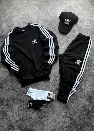 Мужской спортивный костюм adidas черный с белым комплект адидас свитшот + штаны + кепка xxl (b)