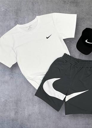 Чоловічий літній костюм nike футболка шорти кепка білий з сірим комплект найк (b)