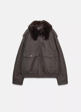 Жіноча куртка бомбер з еко шкіри та хутром zara